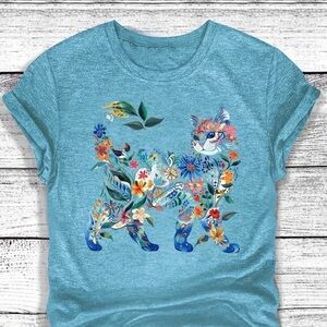 Source Unknown Teal Blue Floral Cat Graphic Tee.  It is a lighter blue.